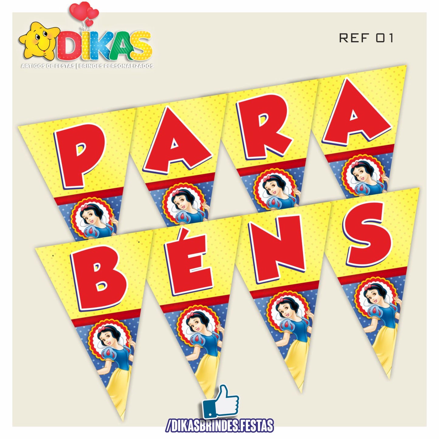 BANDEIROLA "PARABÉNS" - BRANCA DE NEVE