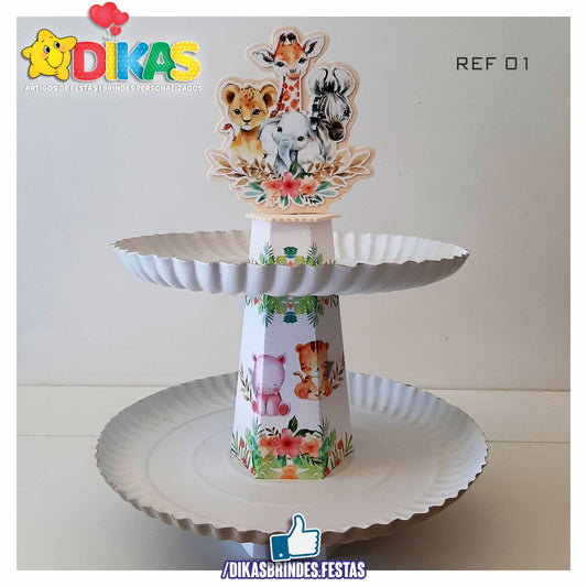 SUPORTE ARTESANAL C/ 2 PRATOS - ANIMAIS DA SELVA