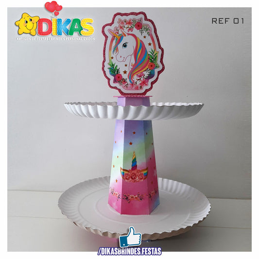 SUPORTE ARTESANAL C/ 2 PRATOS - UNICÓRNIO