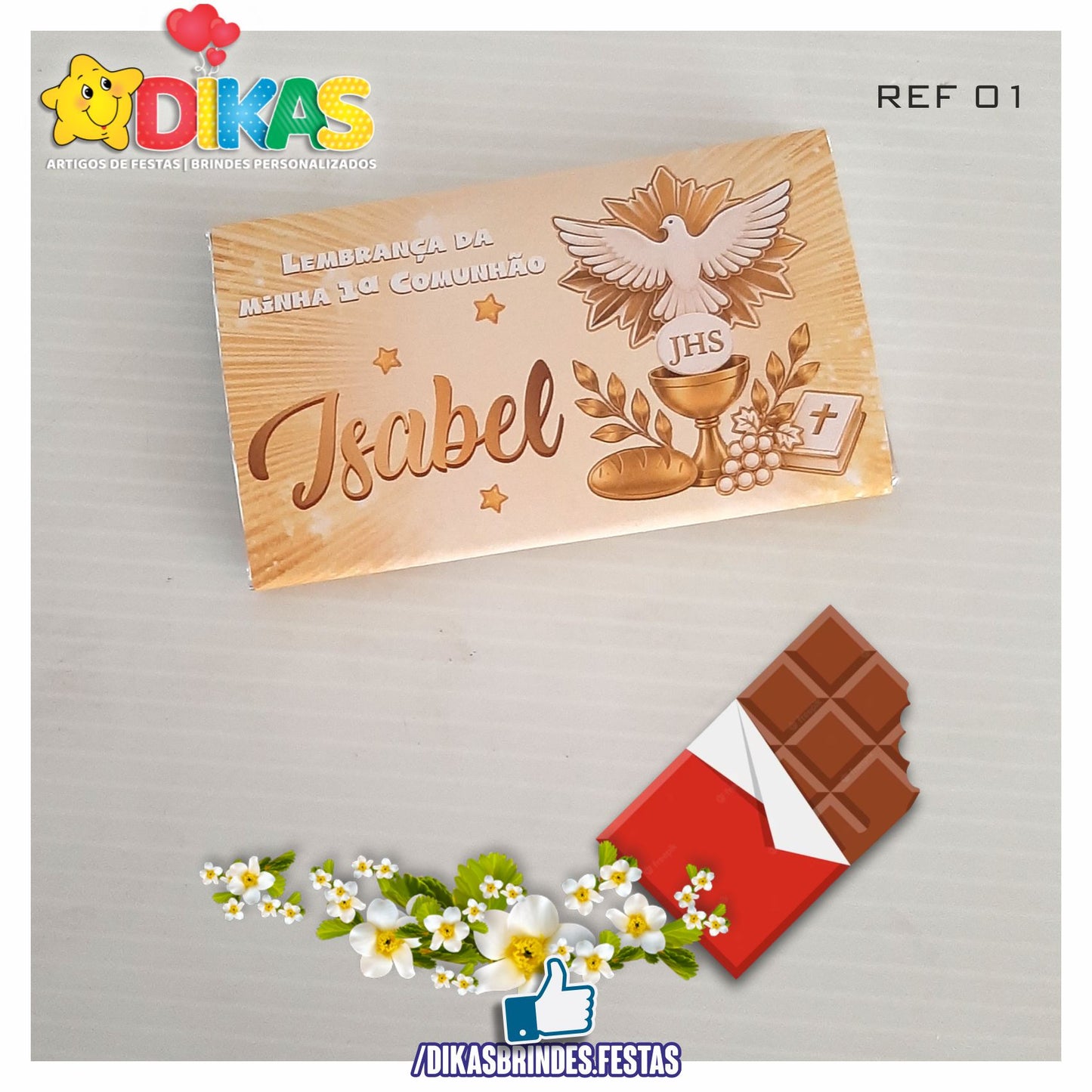 TABLET CHOCOLATE 20G PERSONALIZADO - 1ª COMUNHÃO / CRISMA