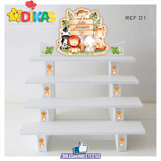 SUPORTE "ESCADOTE" PARA DOCES (4 DEGRAUS) - ANIMAIS DA SELVA