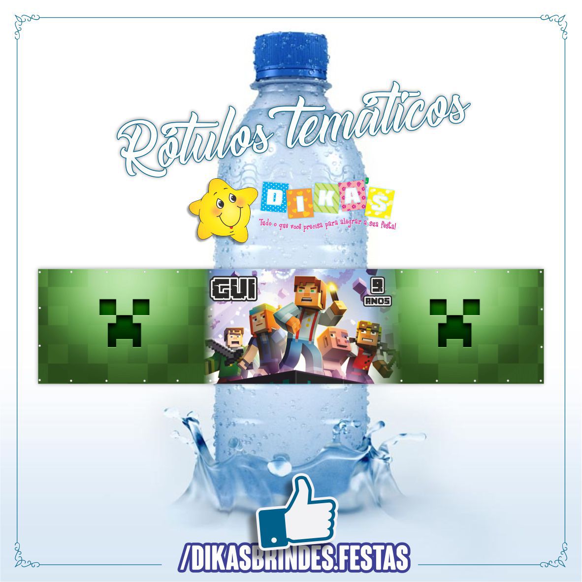 RÓTULO PERSONALIZADO P/ GARRAFA DE ÁGUA - MINECRAFT