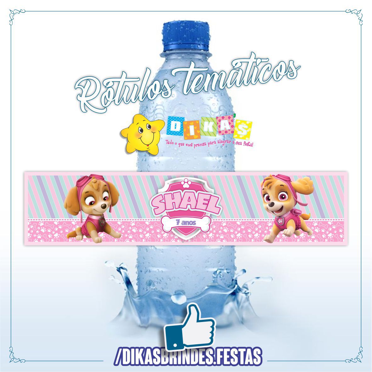 RÓTULO PERSONALIZADO P/ GARRAFA DE ÁGUA - PATRULHA PATA SKYE