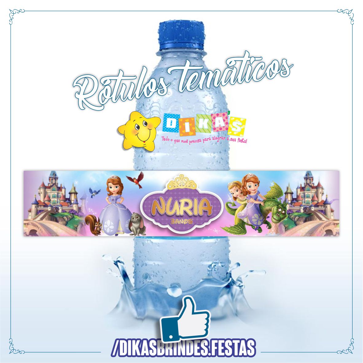 RÓTULO PERSONALIZADO P/ GARRAFA DE ÁGUA - PRINCESA SOFIA