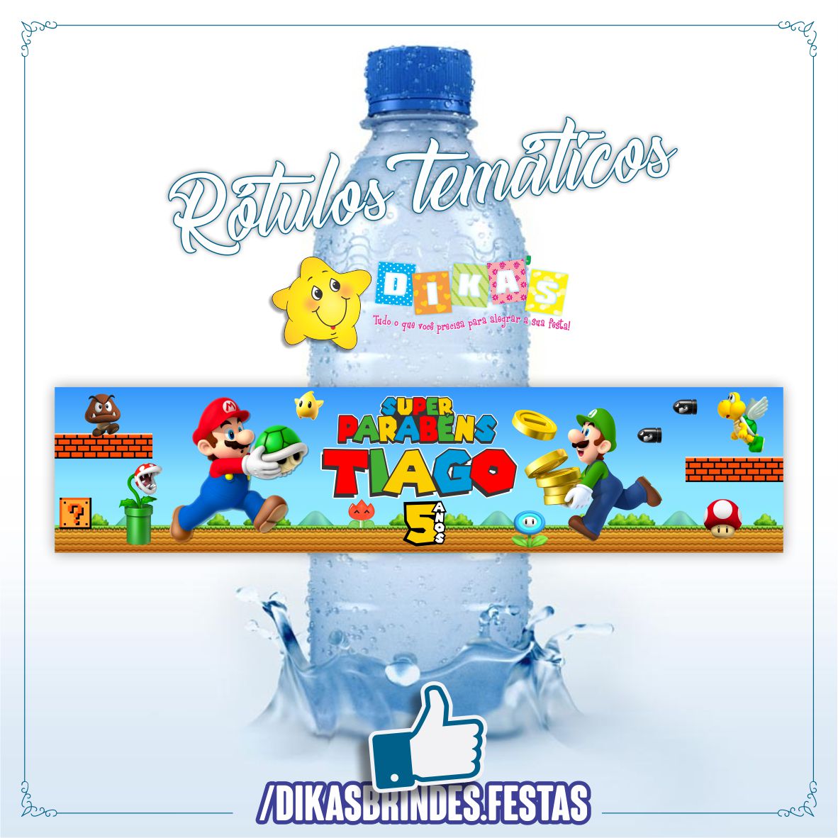 RÓTULO PERSONALIZADO P/ GARRAFA DE ÁGUA - MARIO BROS