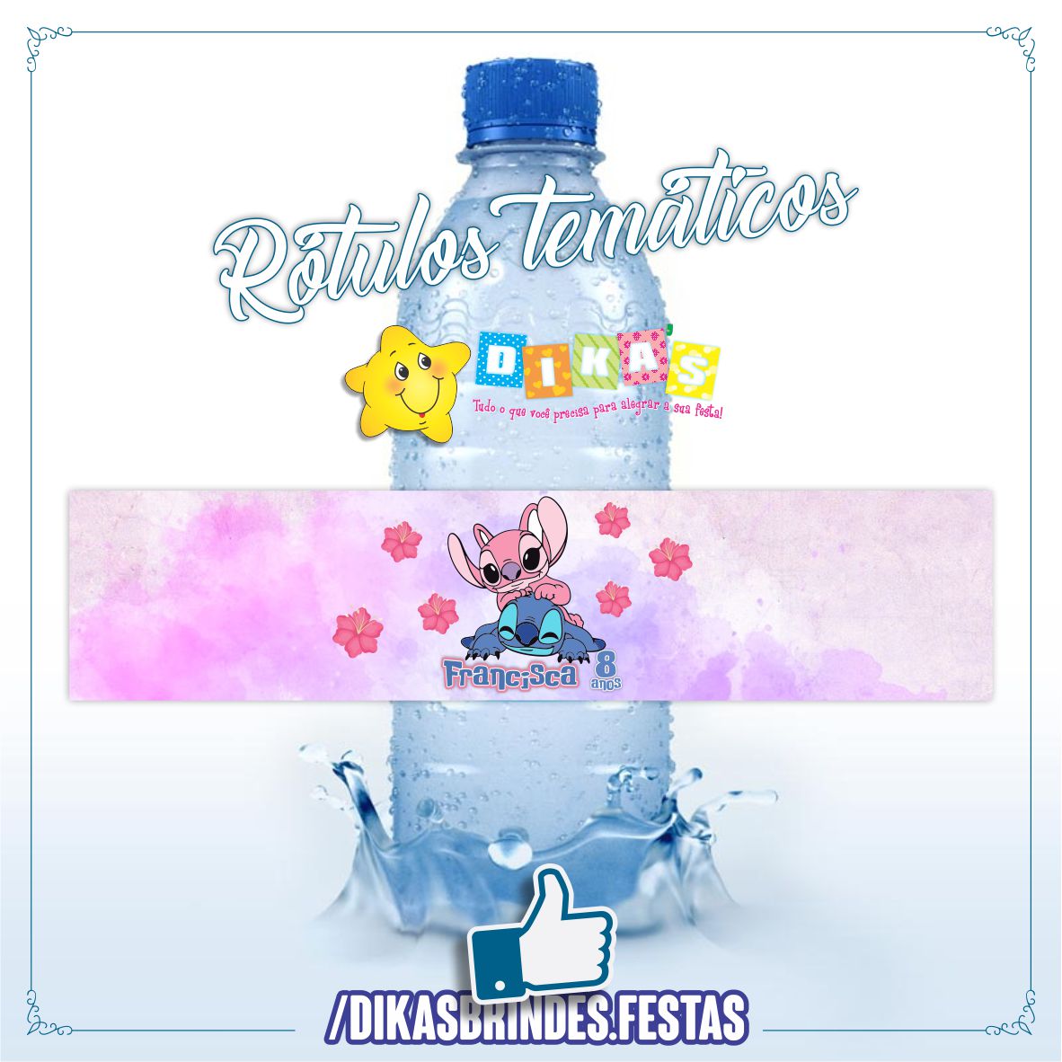 RÓTULO PERSONALIZADO P/ GARRAFA DE ÁGUA - STITCH