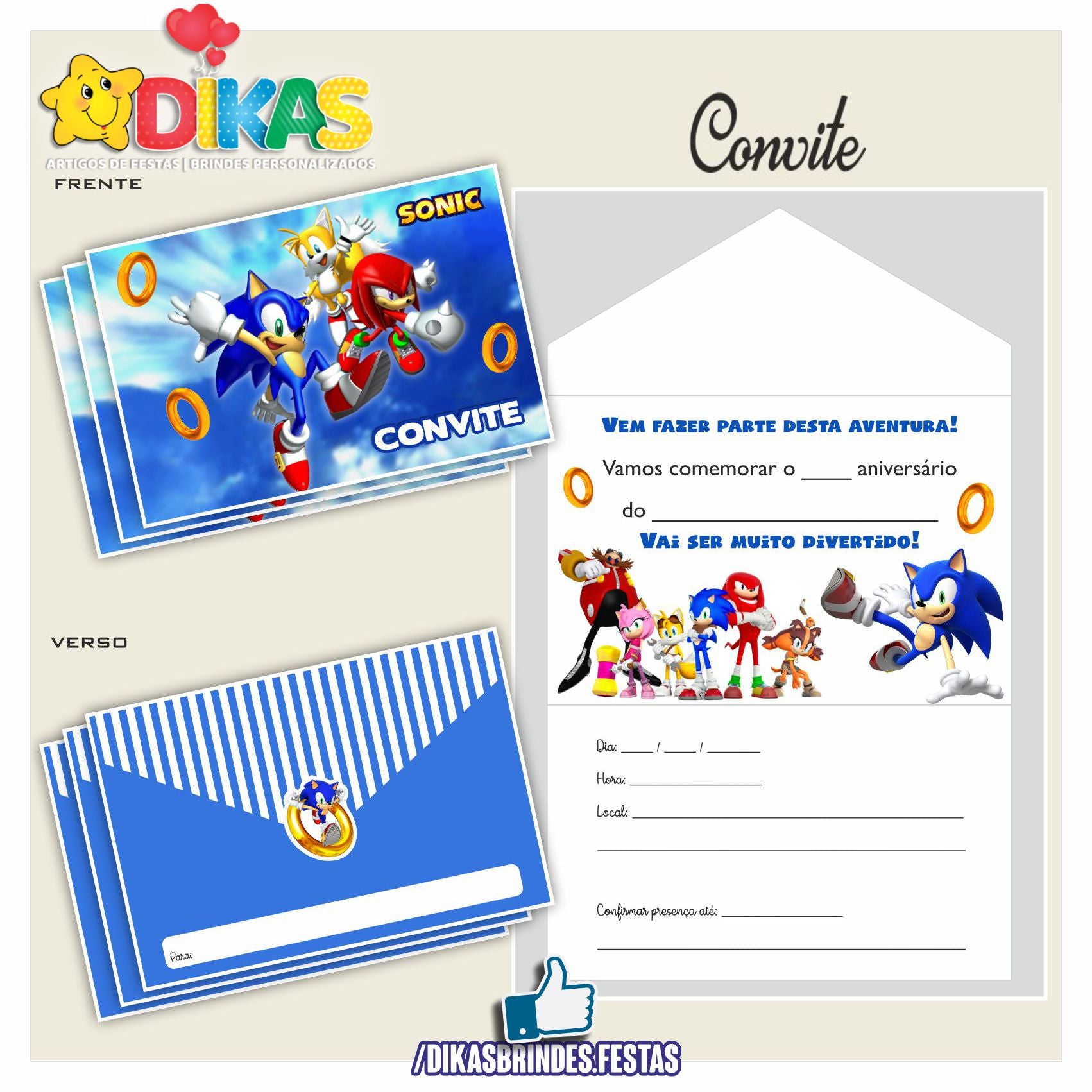 CONVITES DE ANIVERSÁRIO - SONIC – dikasbrindes