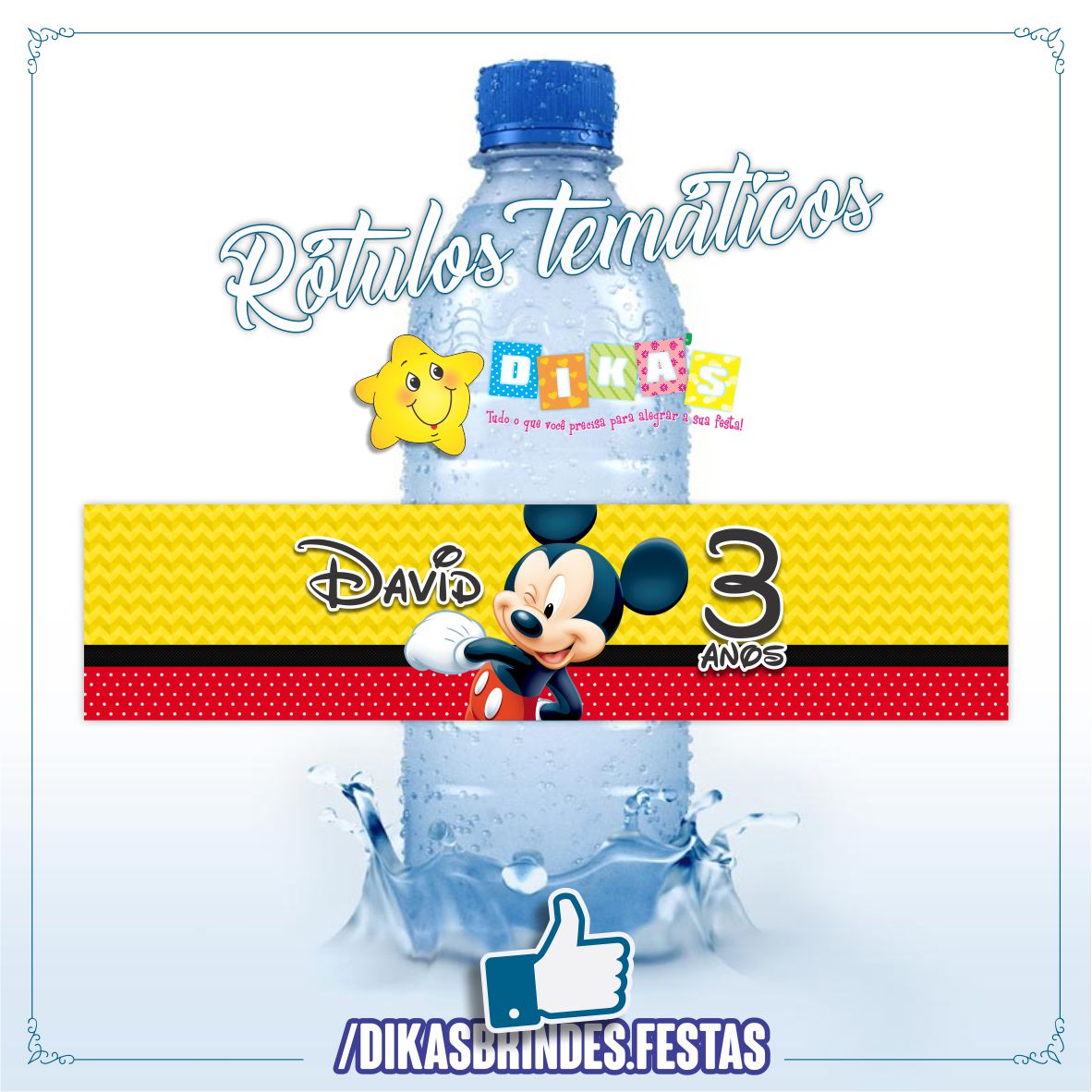 RÓTULO PERSONALIZADO P/ GARRAFA DE ÁGUA - MICKEY