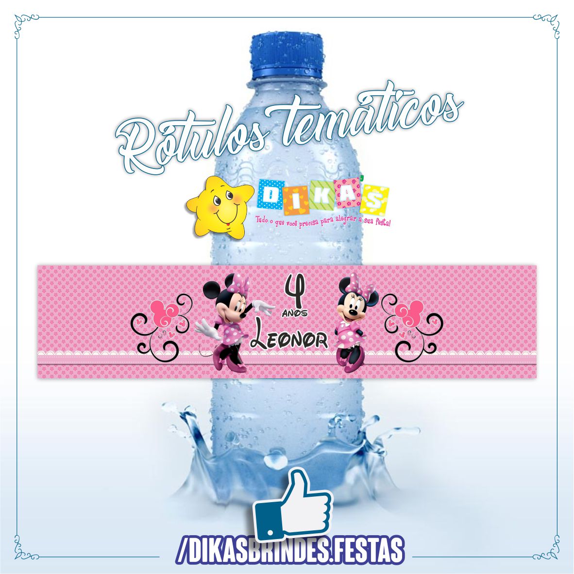 RÓTULO PERSONALIZADO P/ GARRAFA DE ÁGUA - MINNIE ROSA