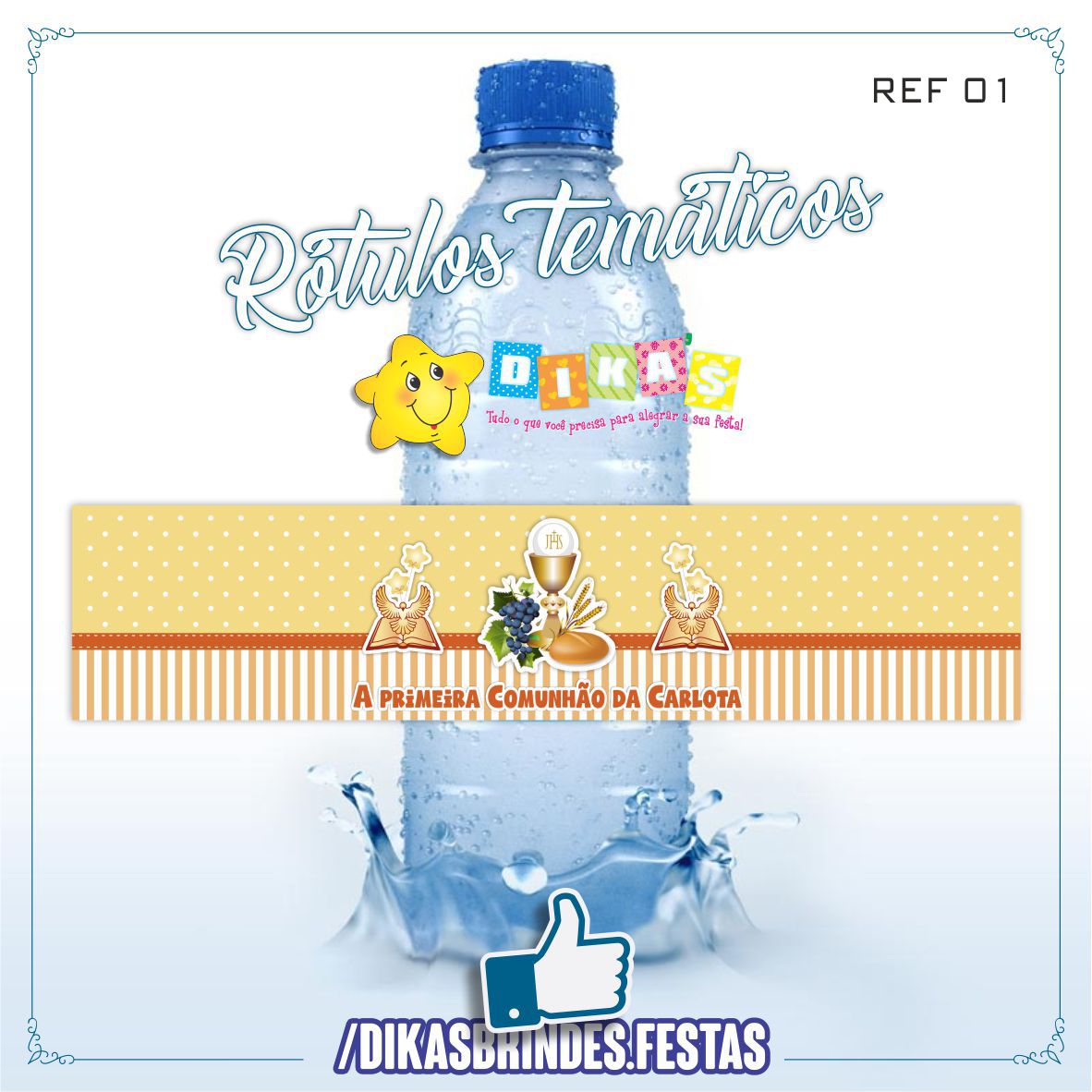 RÓTULO PERSONALIZADO P/ GARRAFA DE ÁGUA - 1ª COMUNHÃO / CRISMA