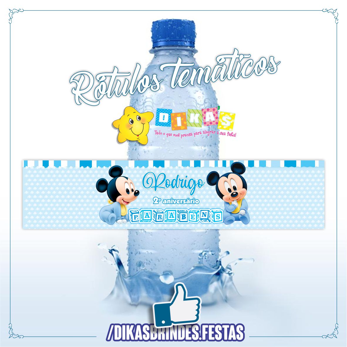 RÓTULO PERSONALIZADO P/ GARRAFA DE ÁGUA - MICKEY BABY