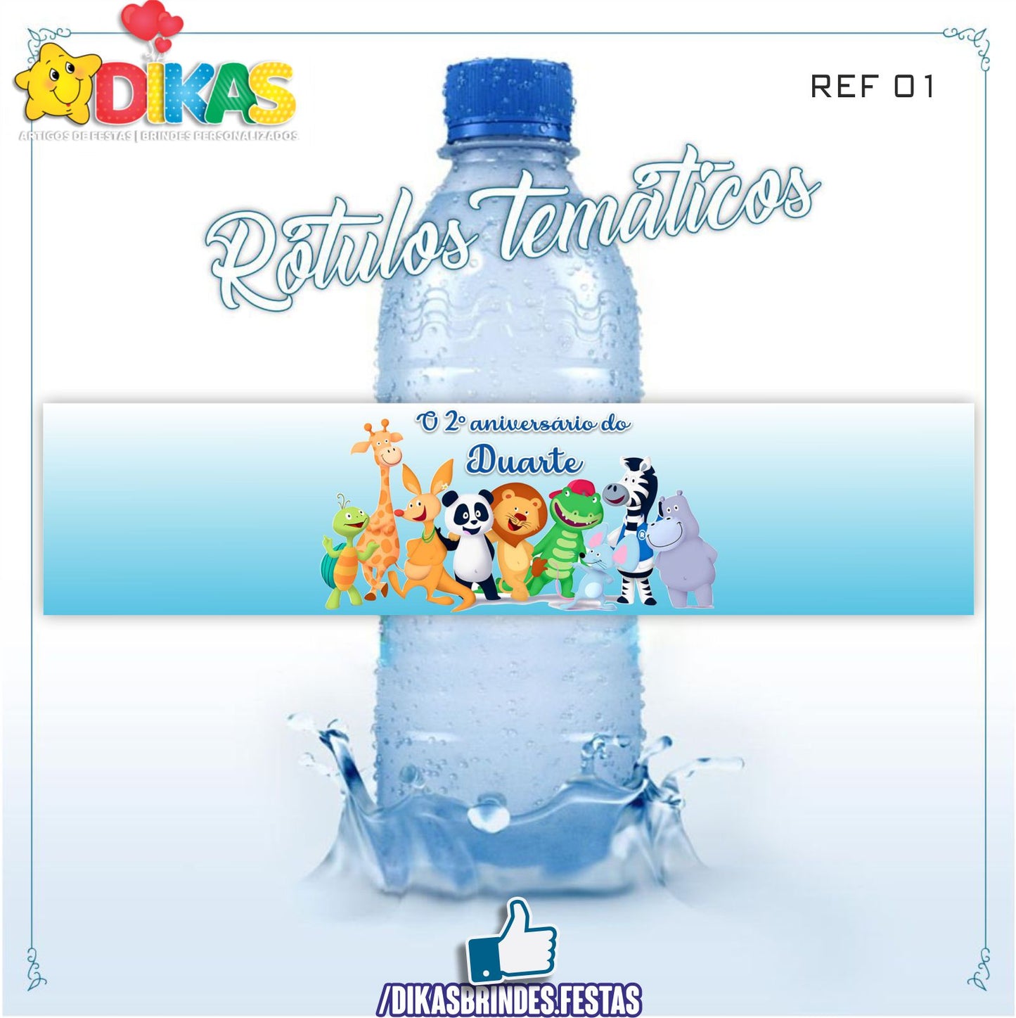 RÓTULO PERSONALIZADO P/ GARRAFA DE ÁGUA - PANDA E OS AMIGOS