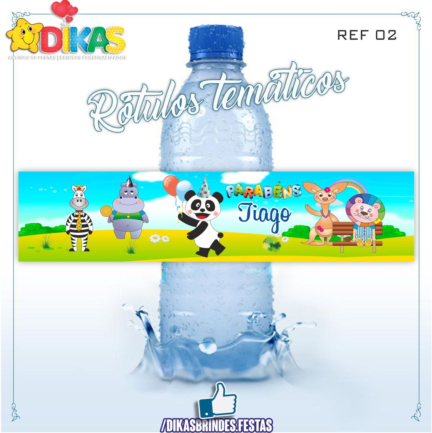 RÓTULO PERSONALIZADO P/ GARRAFA DE ÁGUA - PANDA E OS AMIGOS